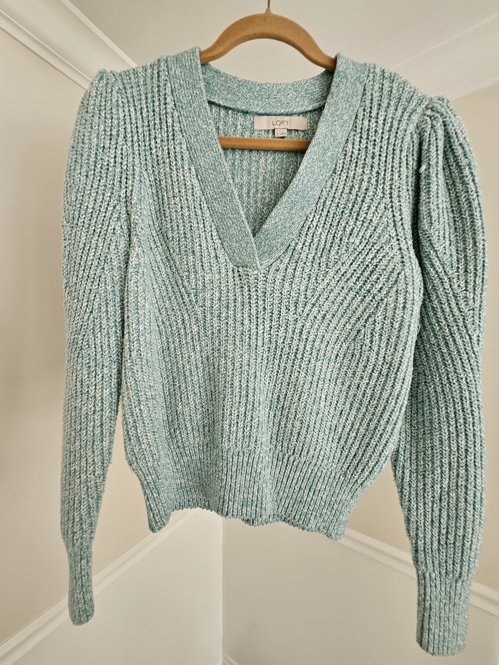 LOFT Mint Green Marled V-Neck Shaker Knit Puff Sleeve Sweater Small